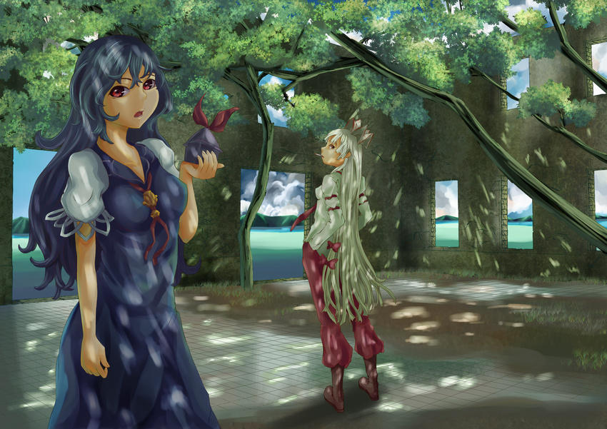 bad_id bad_pixiv_id blue_hair bow cigarette dappled_sunlight fujiwara_no_mokou hair_bow hair_ribbon hat hat_removed headwear_removed highres holding holding_hat kamishirasawa_keine long_hair multiple_girls red_eyes ribbon ruins shade silver_hair smoking sunlight suspenders touhou tree tree_shade vol.7