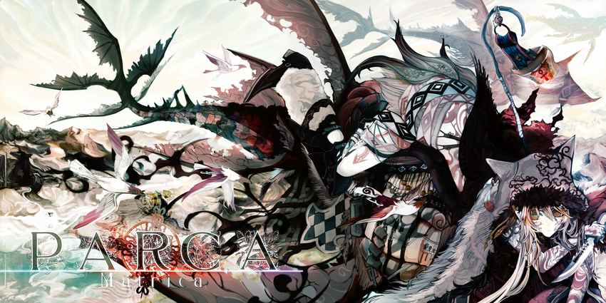 bag bird blonde_hair brown_eyes feathers fish flying hat highres knife long_hair luggage monster mountain original pale_skin pointy_ears reverse_grip riding solo tail tattoo ukai_saki