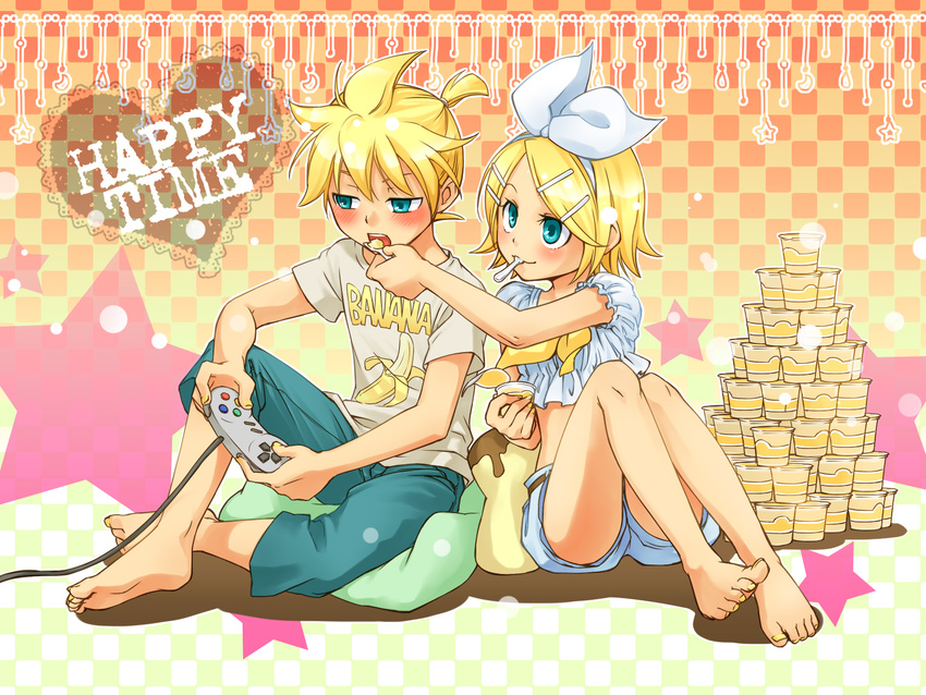 1girl aqua_eyes barefoot blonde_hair blush brother_and_sister controller eating fashion feeding feet food game_console game_controller hair_ornament hair_ribbon hairclip highres junji kagamine_len kagamine_rin legs legs_up mouth_hold nail_polish open_mouth playing_games ponytail pudding ribbon short_hair shorts siblings sitting smile spoon super_famicom twins vocaloid yellow_nails