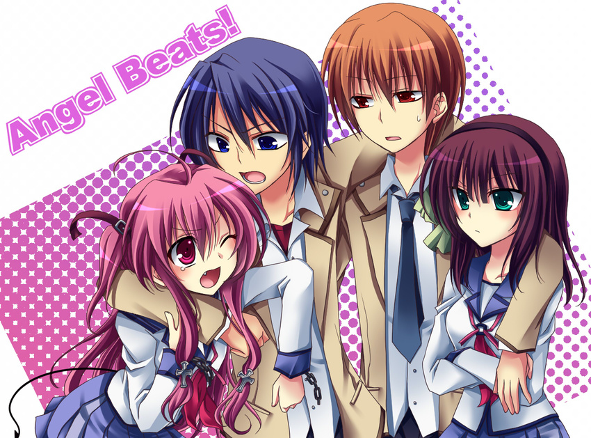 2girls angel_beats! blue_hair fang hinata_(angel_beats!) multiple_boys multiple_girls otonashi_(angel_beats!) pink_hair school_uniform serafuku soraeda yui_(angel_beats!) yuri_(angel_beats!)