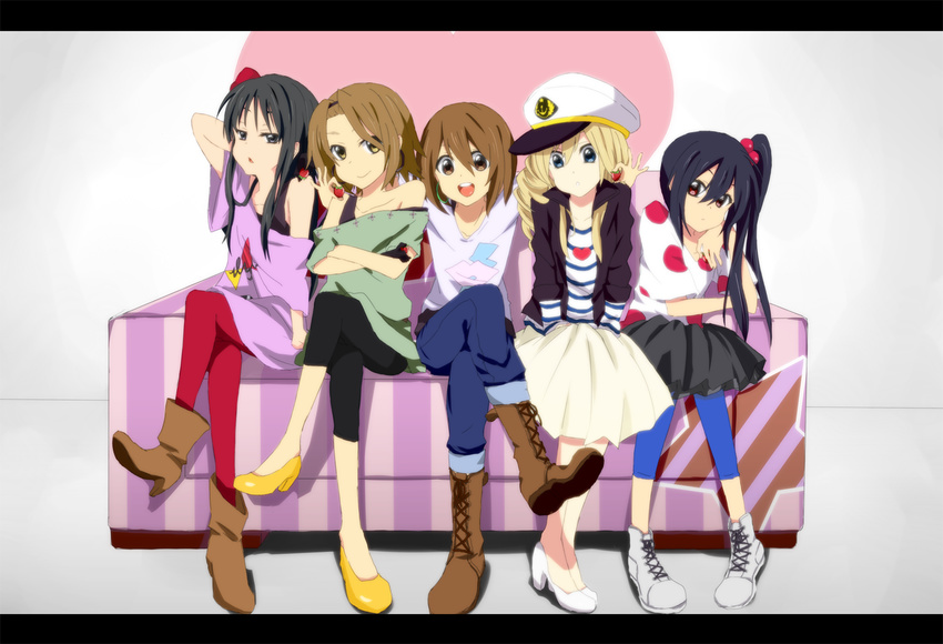 akiyama_mio bad_id bad_pixiv_id black_eyes black_hair blonde_hair blue_eyes blue_legwear boots brown_eyes brown_hair couch crossed_legs food fruit hat high_heels hirasawa_yui k-on! kotobuki_tsumugi leggings listen!! long_hair multiple_girls nakano_azusa pantyhose puririririn red_legwear sailor_hat shoes short_hair sitting strawberry tainaka_ritsu