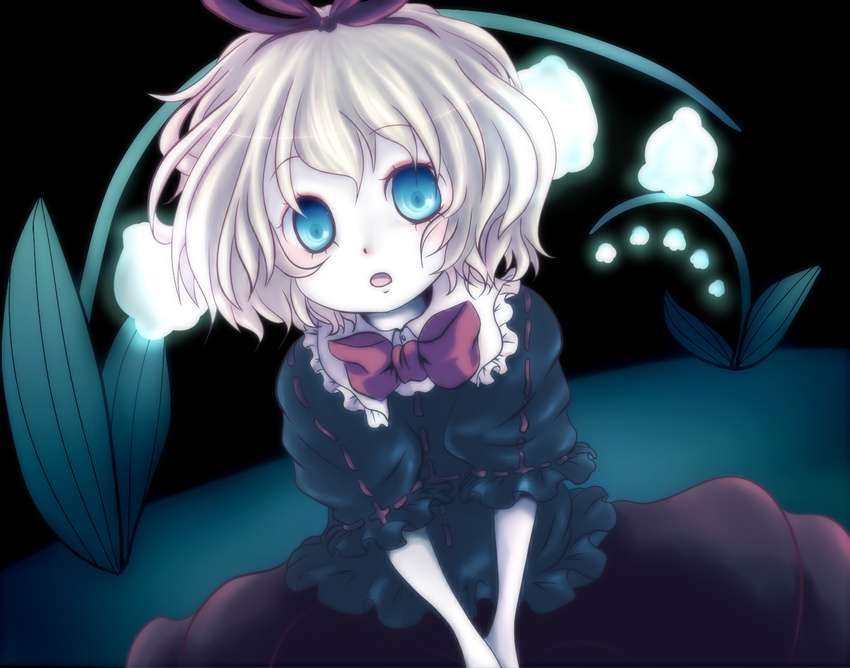 blonde_hair blue_eyes bow dress flower glowing hair_bow hair_ribbon lily_of_the_valley medicine_melancholy pearl727 ribbon solo touhou v_arms