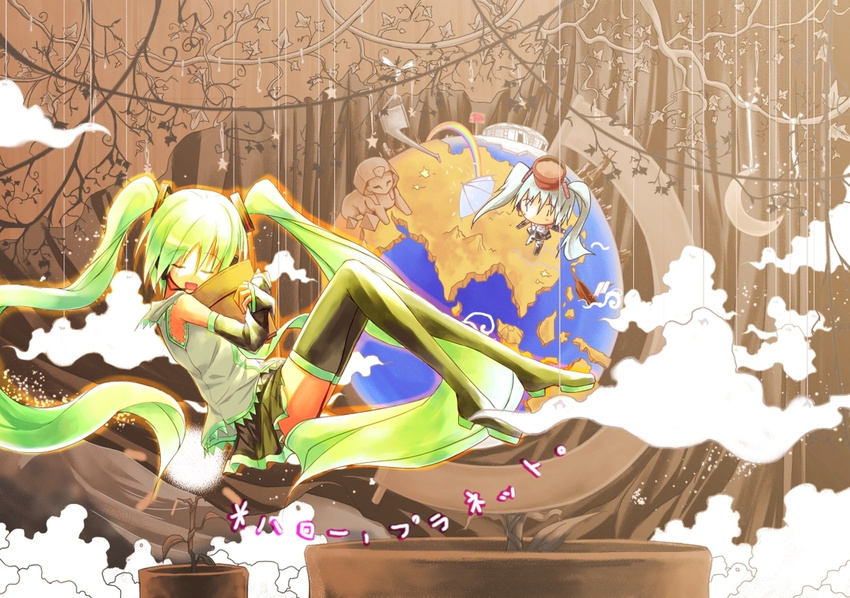 closed_eyes cloud crescent detached_sleeves earth flower_pot globe green_hair hatsune_miku headset hello_planet_(vocaloid) japanese_postal_mark legs long_hair mailbox_(incoming_mail) necktie object_hug object_on_head rainbow skirt solo sorano_eika sphinx thighhighs twintails umbrella very_long_hair vocaloid watering_can |_|