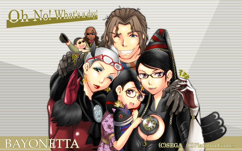 360kirimusume 3boys 3girls bald bayonetta bayonetta_(character) beauty_mark black_hair blue_eyes bodysuit brown_hair cereza cleavage_cutout dark_skin doll dual_persona earrings engrish enzo everyone eyeshadow female glasses grin hair_bun highres jeanne_(bayonetta) jewelry kirimusume lipstick long_hair luka luka_redgrave makeup male mole multiple_boys multiple_girls open_mouth purple_eyes ranguage red_ribbon ribbon rodin short_hair silver_hair smile sunglasses tattoo violet_eyes wink