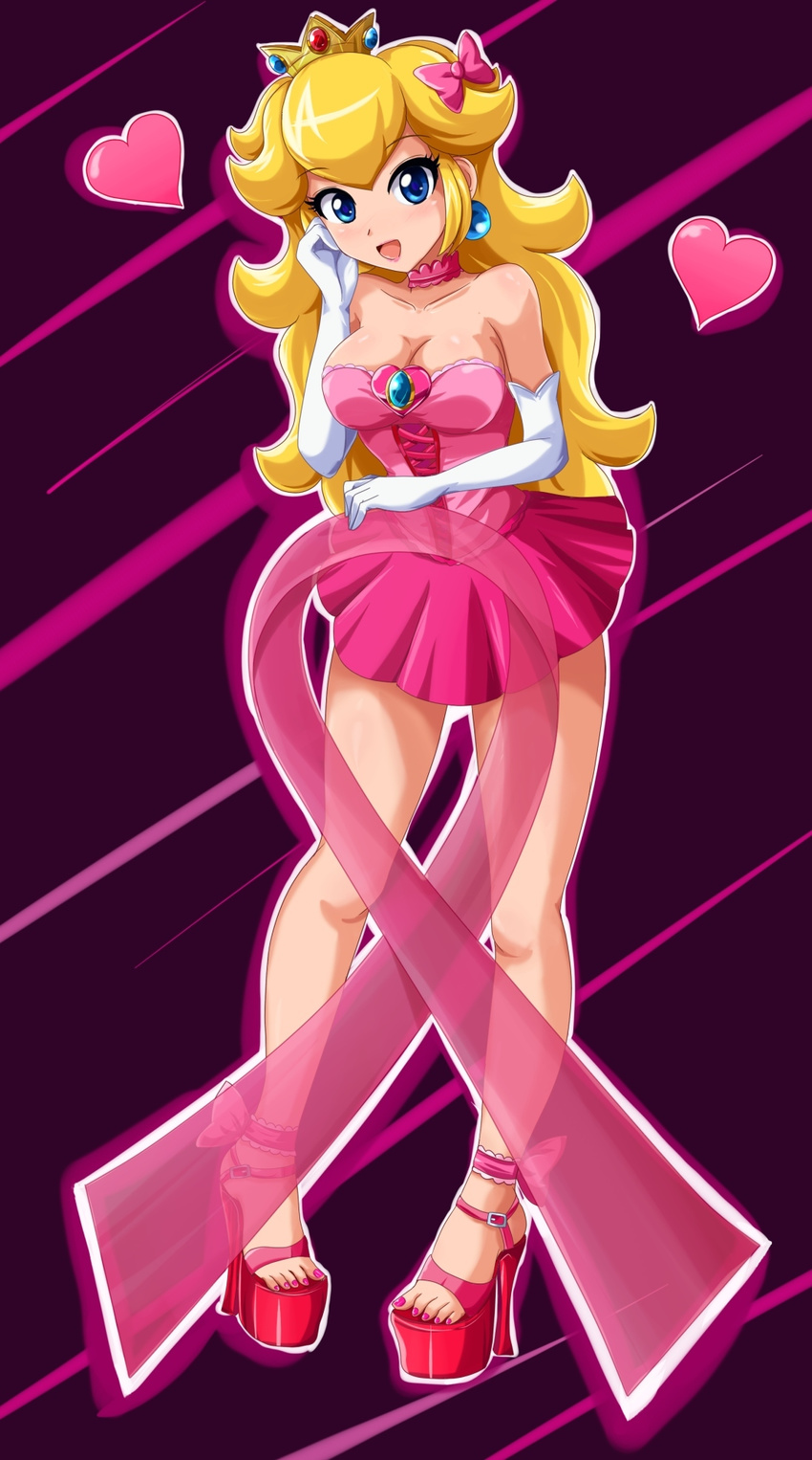 blonde_hair blue_eyes breasts cleavage crown dress earrings elbow_gloves fingernails gloves hair_ribbon heart high_heels highres jewelry large_breasts long_hair mario_(series) miniskirt necklace nintendo pink_dress pink_ribbon princess_peach ribbon shoes sigurd_hosenfeld skirt smile solo super_mario_bros. thighs veil