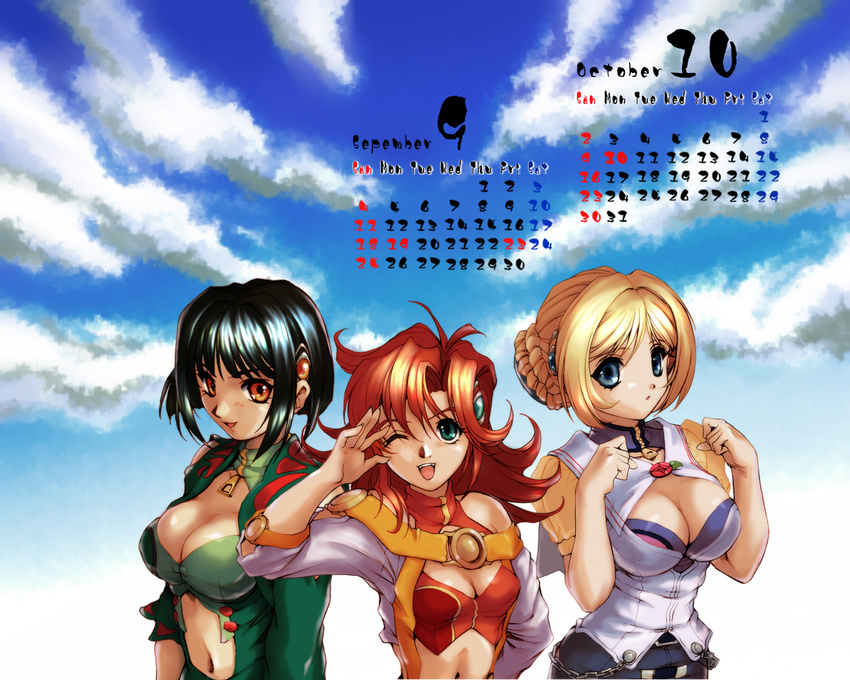 black_hair blonde_hair blue_eyes breasts cleavage cleavage_cutout festenia_muse green_eyes hisahiko katia_grineal large_breasts long_sleeves melua_melna_meia midriff multiple_girls one_eye_closed orange_eyes red_hair salute super_robot_wars super_robot_wars_judgement wallpaper