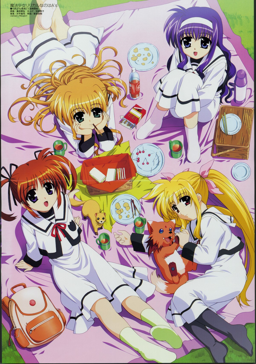 arf arisa_bannings backpack bag black_legwear blonde_hair blue_eyes brown_hair crease fate_testarossa ferret food from_above grass green_eyes green_legwear highres looking_at_viewer looking_up lyrical_nanoha mahou_shoujo_lyrical_nanoha mahou_shoujo_lyrical_nanoha_a's mouth_hold multiple_girls no_shoes okuda_yasuhiro pantyhose picnic plate pocky purple_eyes purple_hair red_eyes seishou_elementary_school_uniform socks takamachi_nanoha tsukimura_suzuka twintails white_legwear yuuno_scrya