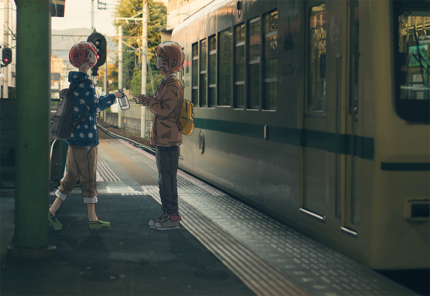 2girls :d ^_^ ^o^ backlighting backpack bag bangs black_bag black_eyes blue_jacket blurry blush_stickers bottle brown_jacket brown_pants capri_pants casual chromatic_aberration closed_eyes dark day denim depth_of_field from_side full_body green_footwear grey_footwear grey_pants ground_vehicle hand_up hasu_(zatsugami) holding holding_bottle hood hood_down hooded_jacket hoshizora_rin jacket jeans koizumi_hanayo legs_together long_sleeves looking_at_another love_live! love_live!_school_idol_project multiple_girls no_socks open_clothes open_jacket open_mouth orange_hair outdoors overhead_line pants photo_background power_lines profile railroad_tracks red_hair scenery shade shoes short_hair smile sneakers standing tactile_paving traffic_light train train_station train_station_platform tree utility_pole walking water_bottle yellow_bag