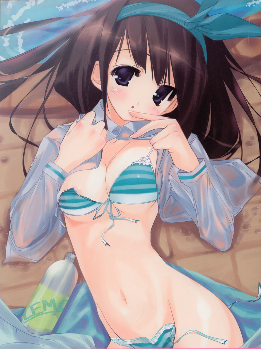 areolae bikini black_hair blue_eyes blush bottle breasts cleavage front-tie_top hair_ribbon highres long_hair lying open_clothes open_shirt original ribbon shirt side-tie_bikini small_breasts solo striped striped_bikini swimsuit untied urotan wet wet_clothes