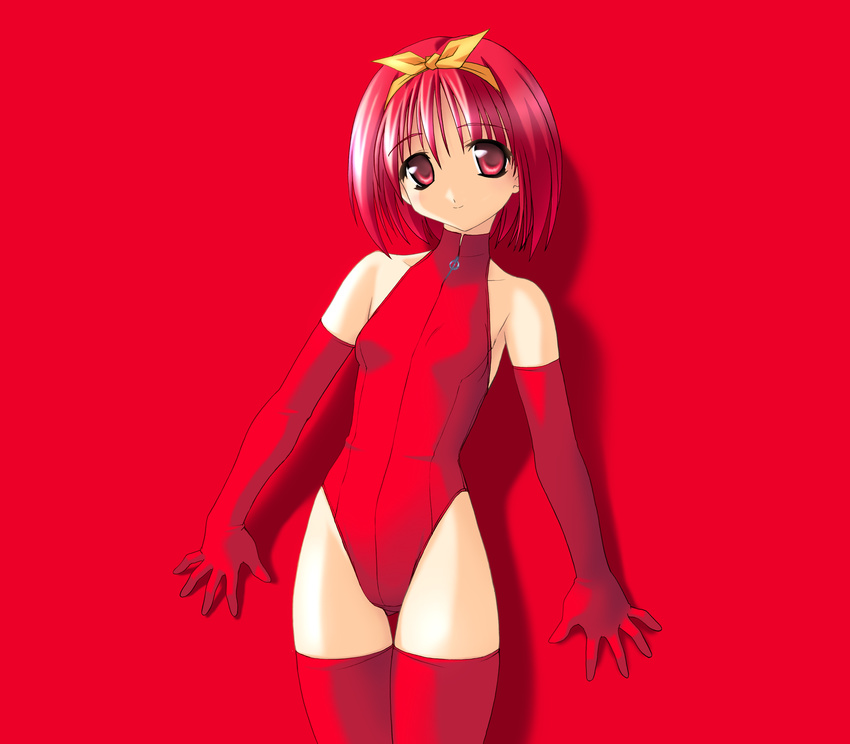 bangs bow breasts cowboy_shot elbow_gloves gloves hair_ribbon hairband halterneck highres kamigishi_akari leotard light_smile looking_at_viewer norizou_type-r red red_background red_eyes red_gloves red_hair red_legwear red_leotard ribbon shadow short_hair simple_background small_breasts smile solo standing thigh_gap thighhighs to_heart turtleneck yellow_bow zipper