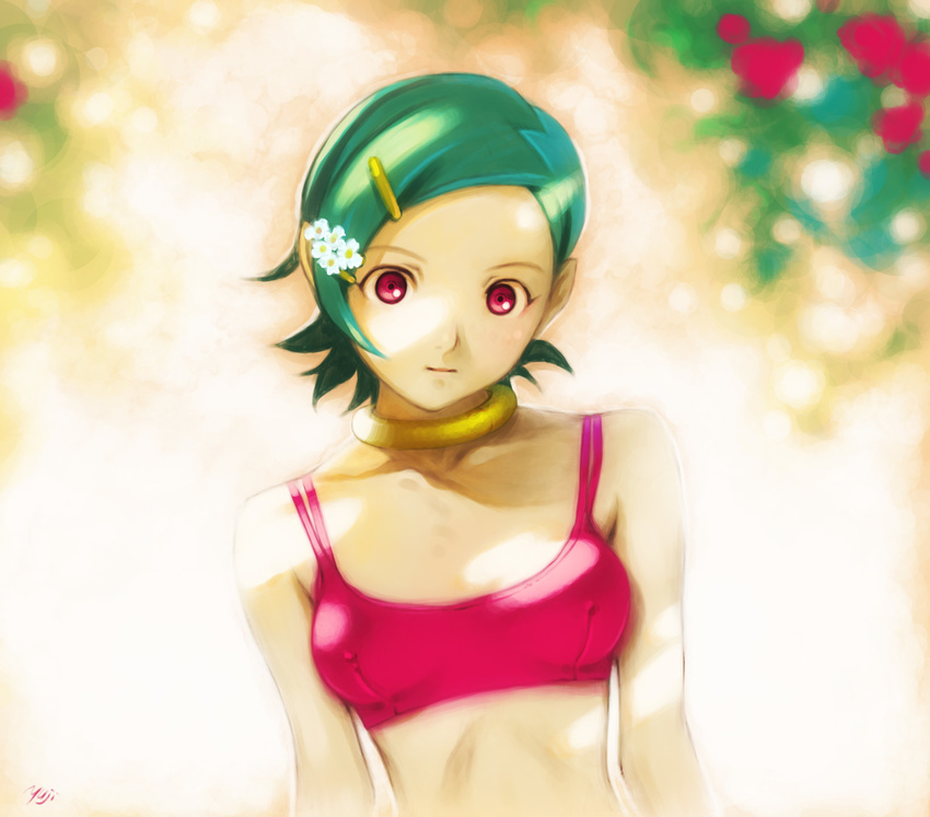 bangs bikini_top blurry blurry_background breasts covered_nipples eureka eureka_seven eureka_seven_(series) green_hair hair_ornament hairclip highres jewelry kobayashi_yuuji looking_at_viewer neck_ring pink_eyes small_breasts solo swept_bangs