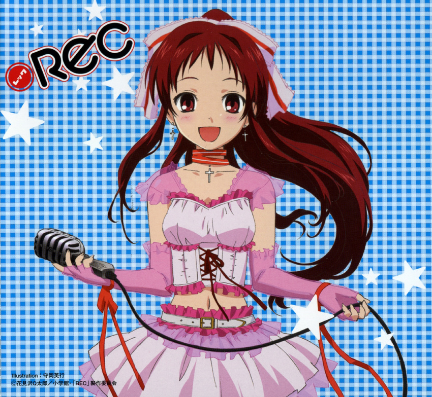 :d belt blush breasts choker corset crop_top cross cross_earrings earrings elbow_gloves fingerless_gloves frills gloves hair_ribbon highres idol jewelry latin_cross long_hair looking_at_viewer microphone midriff morioka_hideyuki navel official_art onda_aka open_mouth pink_gloves plaid plaid_background rec red_eyes red_hair ribbon see-through skirt small_breasts smile solo star starry_background