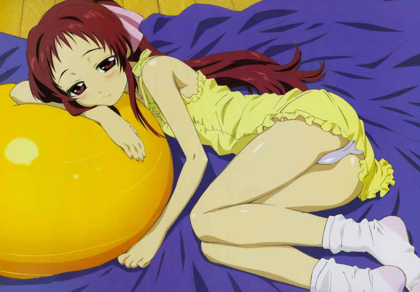 ball bed_sheet blush dress exercise_ball flat_chest frills hair_ribbon highres long_hair lying megami morioka_hideyuki non-web_source official_art on_floor on_side onda_aka panties pantyshot pantyshot_(lying) ponytail rec red_eyes red_hair ribbon scan short_dress sleepy smile socks solo underwear white_panties