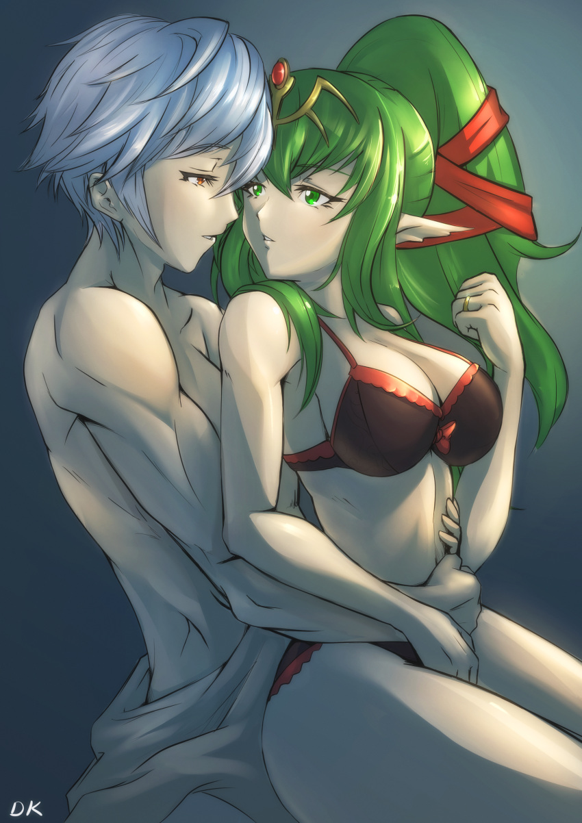bra breasts brown_eyes chiki cleavage commentary_request couple deekei eye_contact eyebrows_visible_through_hair fire_emblem fire_emblem:_kakusei fire_emblem_heroes green_eyes green_hair hair_between_eyes hair_ornament hair_ribbon hetero highres hug hug_from_behind husband_and_wife imminent_kiss jewelry large_breasts long_hair looking_at_another looking_back male_my_unit_(fire_emblem:_kakusei) muscle my_unit_(fire_emblem:_kakusei) nintendo older panties pointy_ears red_bra red_panties red_ribbon ribbon ring silver_hair underwear underwear_only wedding_band
