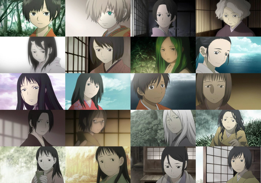 age_difference akoya_(mushishi) annotation_request aqua_eyes bangs biki's_mother black_eyes black_hair bob_cut character_request cloud collage dark_skin everyone forest green_hair grey_hair hair_over_one_eye hana_(mushishi) highres holding horns io_(mushishi) japanese_clothes kimono kinu_(mushishi) long_hair looking_at_viewer looking_down looking_to_the_side matsuno_(mushishi) michihi_(mushishi) multiple_girls mushishi nami_(mushishi) nature nui_(mushishi) ocean old_woman one_eye_closed partially_annotated ponytail portrait renzu saku_(mushishi) sayo_(mushishi) screencap setsu_(mushishi) shirasawa_(mushishi) short_hair shouji sky sliding_doors sui_(mushishi) suzu_(mushishi) swept_bangs tagane_(mushishi) tree veranda water white_hair