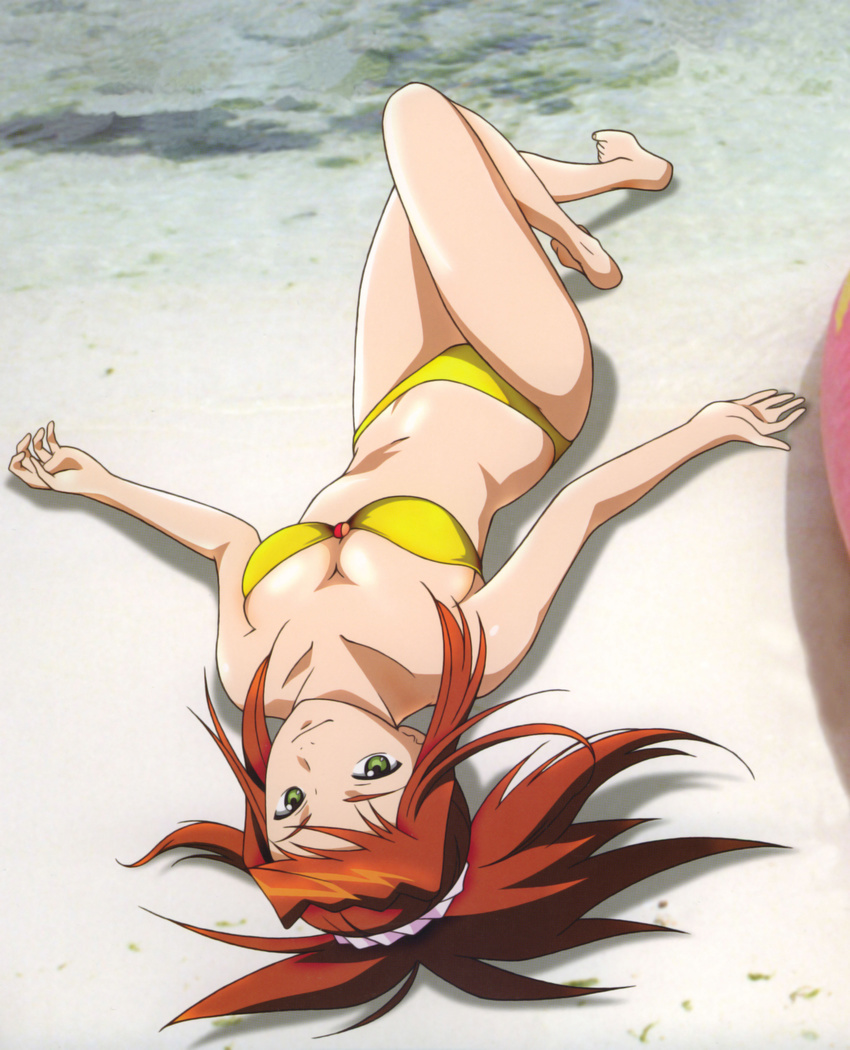 absurdres bandeau bangs barefoot beach bikini breasts cleavage day feet foreshortening from_above green_eyes highres hisayuki_hirokazu legs long_hair looking_at_viewer lying medium_breasts my-hime on_back on_ground orange_hair outdoors outstretched_arms photo_background ponytail scrunchie shadow smile solo spread_arms sugiura_midori swimsuit white_scrunchie