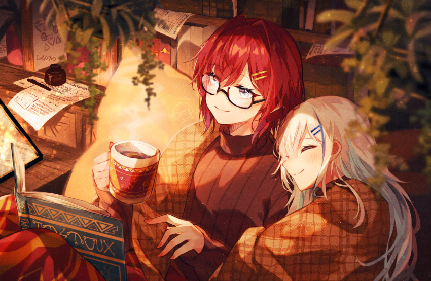 2girls ange_katrina book closed_eyes cup glasses highres holding holding_cup ink_bottle lize_helesta mizuki_fua mug multiple_girls nijisanji open_book paper red_hair smile virtual_youtuber