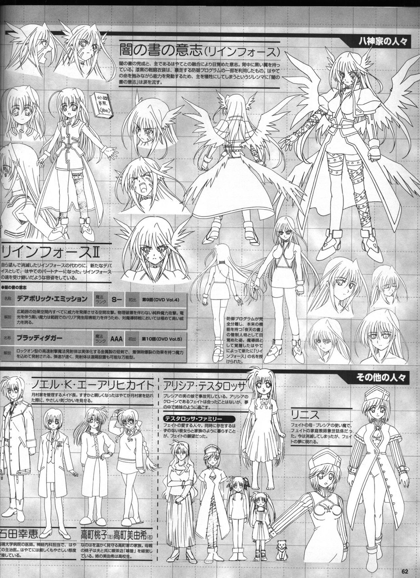 ahoge alicia_testarossa arf artist_request book book_of_the_azure_sky braid cropped_jacket facial_mark fingerless_gloves gloves greyscale hat highres ishida_sachie jacket linith long_sleeves lyrical_nanoha magical_girl mahou_shoujo_lyrical_nanoha mahou_shoujo_lyrical_nanoha_a's monochrome multiple_girls noel_k_ehrlichkeit open_clothes open_jacket precia_testarossa reinforce reinforce_zwei single_thighhigh takamachi_miyuki takamachi_momoko thighhighs translation_request waist_cape wings