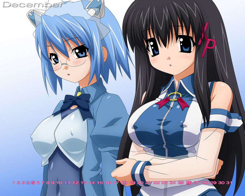 2k-tan bangs bare_shoulders black_hair blue_background blue_eyes blue_hair blue_swimsuit blush bow bowtie breasts calendar_(medium) character_name covered_navel covered_nipples crossed_arms december detached_sleeves glasses gradient gradient_background hair_ornament juliet_sleeves large_breasts long_hair long_sleeves looking_at_viewer maid_headdress multiple_girls open_clothes os-tan parted_lips puffy_sleeves rimless_eyewear robot_ears school_swimsuit see-through shirt short_hair sidelocks sleeveless sleeveless_shirt sugimura_tomokazu swimsuit swimsuit_under_clothes taut_clothes taut_shirt upper_body very_long_hair wing_collar x_hair_ornament xp-tan