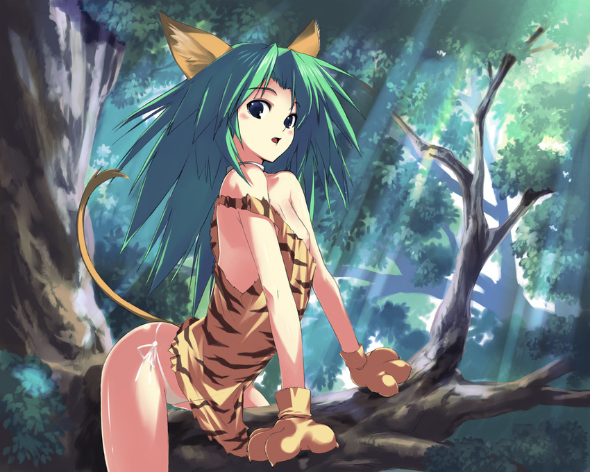 animal_ears animal_print blue_eyes breasts cham_cham fang gloves green_hair jungle kawata_hisashi maya_(culture) mexican nature nipple_slip nipples panties paw_gloves paws petite samurai_spirits side-tie_panties small_breasts snk solo tail tiger_print underwear white_panties