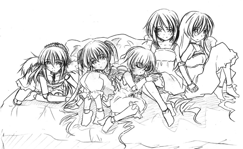 babydoll bed greyscale hina_ichigo monochrome multiple_girls rozen_maiden shinku siblings sisters sleeping souseiseki suigintou suiseiseki twins zero_point