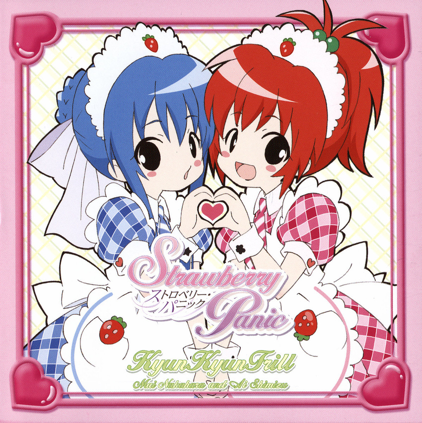 aoi_nagisa apron artist_request blush_stickers chibi food fruit heart heart_hands heart_hands_duo highres multiple_girls red_hair scan strawberry strawberry_panic! suzumi_tamao waitress