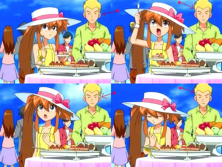 3boys :o apple b-daman bakukyuu_hit!_crash_b-daman blonde_hair brown_hair cake closed_eyes collage day eating food fork fruit glass hat hat_ribbon holding holding_fork jpeg_artifacts multiple_boys multiple_girls open_mouth pear pudding ribbon screencap sendou_nana side_ponytail sidelocks sky watch