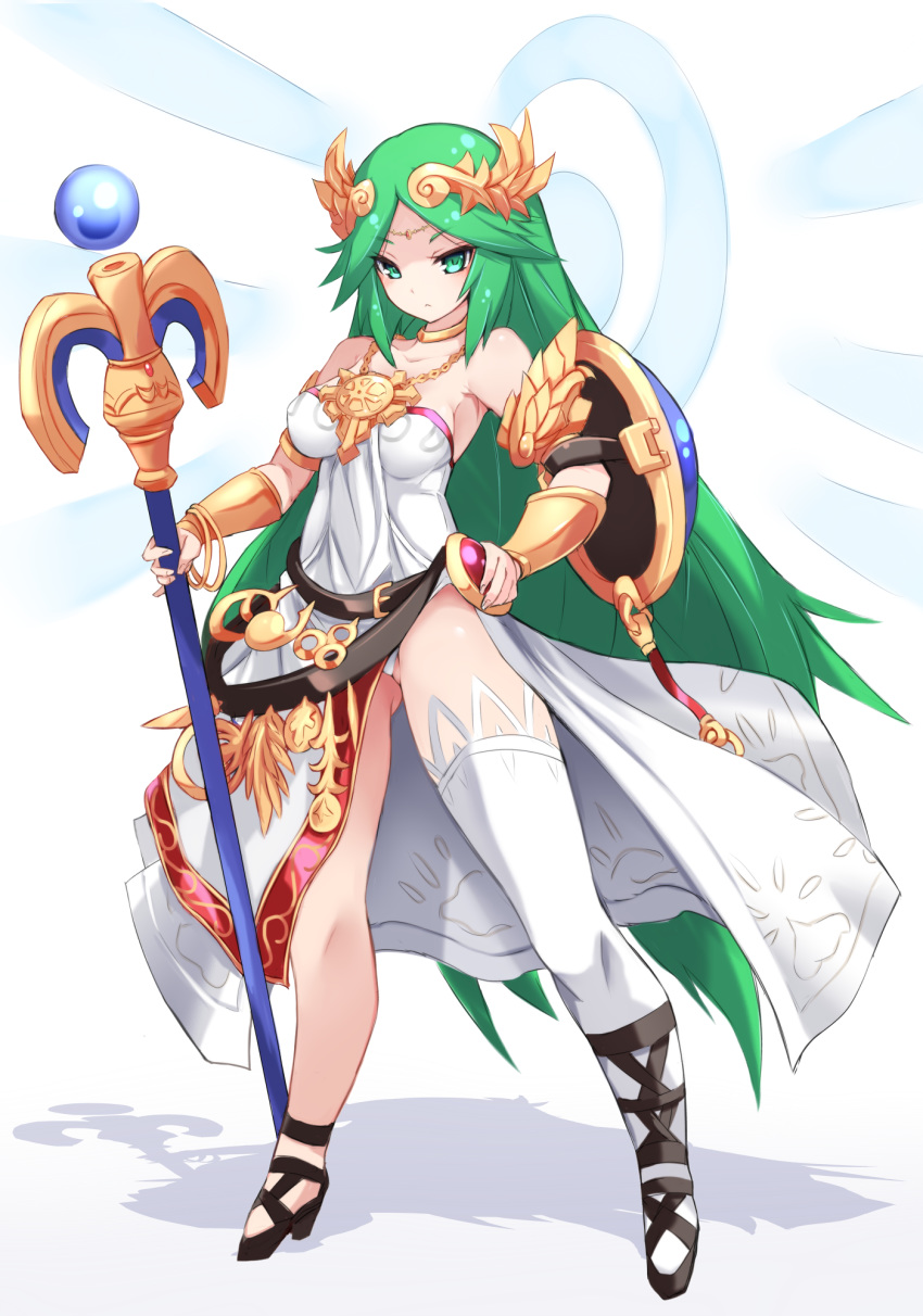 1girl asymmetrical_legwear bangle bangs bare_shoulders black_footwear bracelet breasts buckler closed_mouth commentary_request dress eyebrows_visible_through_hair fingernails full_body green_eyes green_hair hand_on_hip headpiece high_heels highres holding holding_staff jewelry karukan_(monjya) kid_icarus long_hair looking_at_viewer medium_breasts nintendo palutena parted_bangs shadow shield shoes single_thighhigh solo staff standing strapless strapless_dress thighhighs v-shaped_eyebrows very_long_hair white_background white_dress white_legwear
