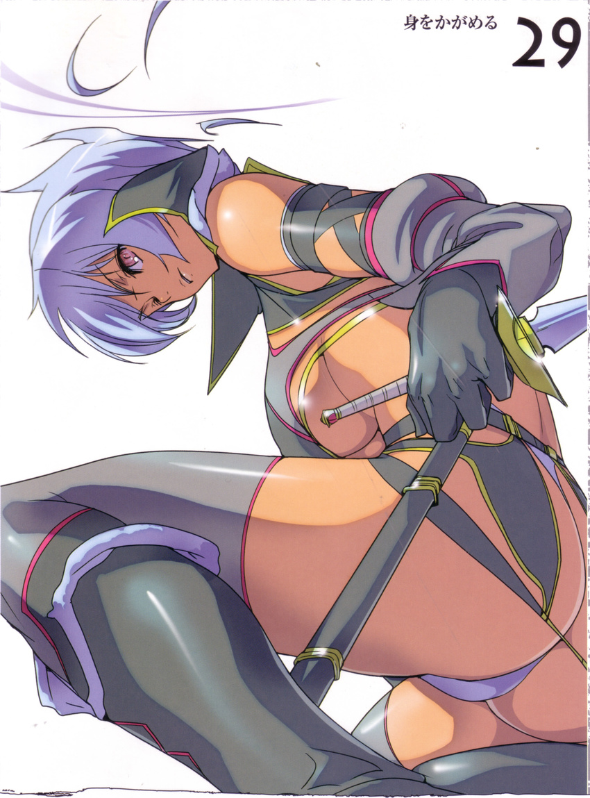 absurdres akaga_hirotaka blue_hair breasts dark_skin elbow_gloves gloves highres irma medium_breasts pink_eyes queen's_blade revealing_clothes short_hair solo sword thighhighs underboob weapon