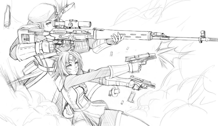 animal_ears artist_request casing_ejection cat_ears commando doujinshi dragunov_svd dual_wielding elf elvaan final_fantasy final_fantasy_xi greyscale gun handgun holding magazine_(weapon) mithra monochrome multiple_girls pointy_ears prehensile_tail reloading rifle shell_casing sniper sniper_rifle tail weapon