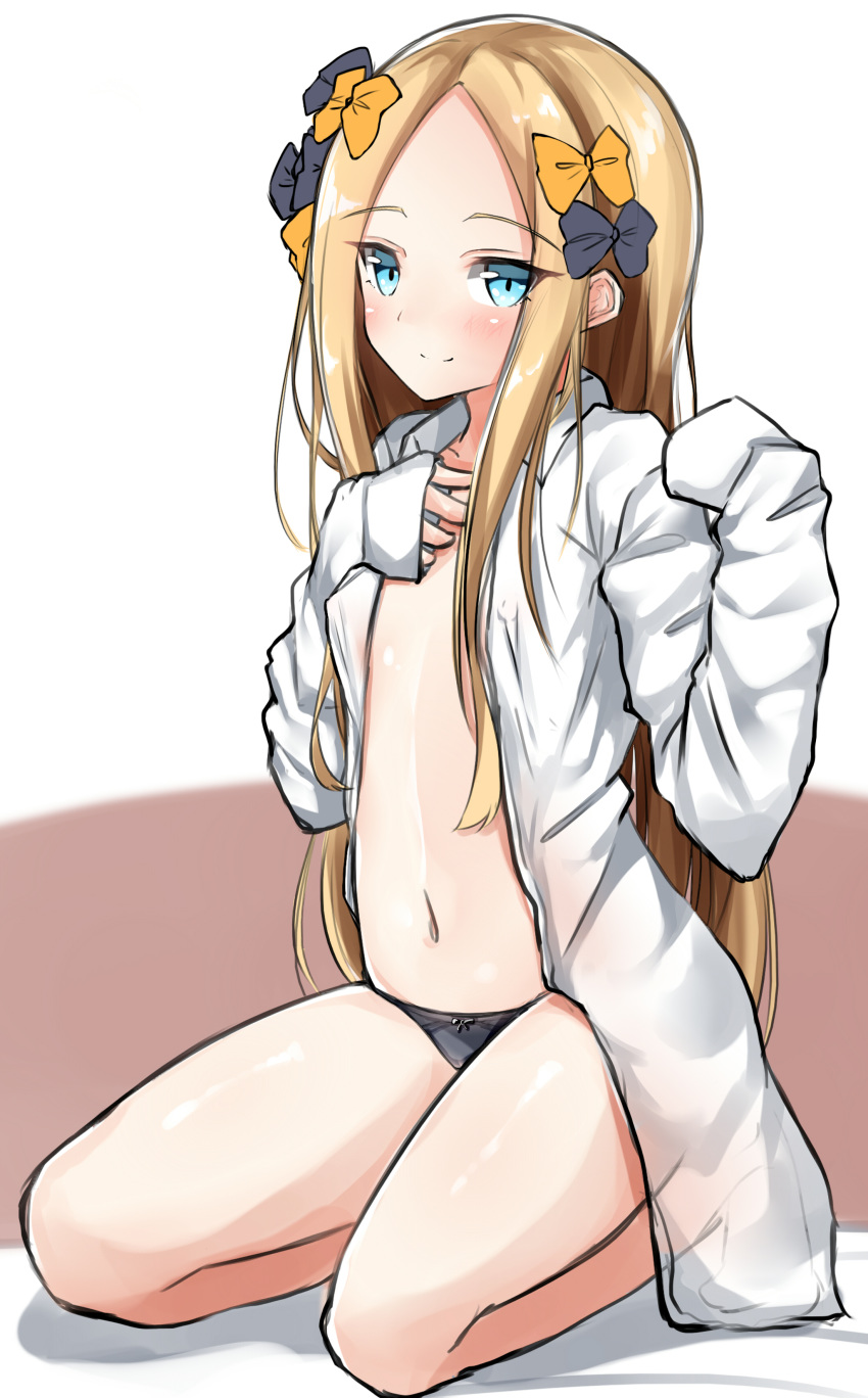 1girl abigail_williams_(fate/grand_order) absurdres bangs black_bow black_panties blonde_hair blue_eyes blush bow bow_panties closed_mouth eyebrows_visible_through_hair fate/grand_order fate_(series) forehead hair_bow hands_up highres long_hair long_sleeves moyoron navel orange_bow panties parted_bangs see-through seiza shirt sitting sleeves_past_fingers sleeves_past_wrists smile solo underwear very_long_hair white_shirt