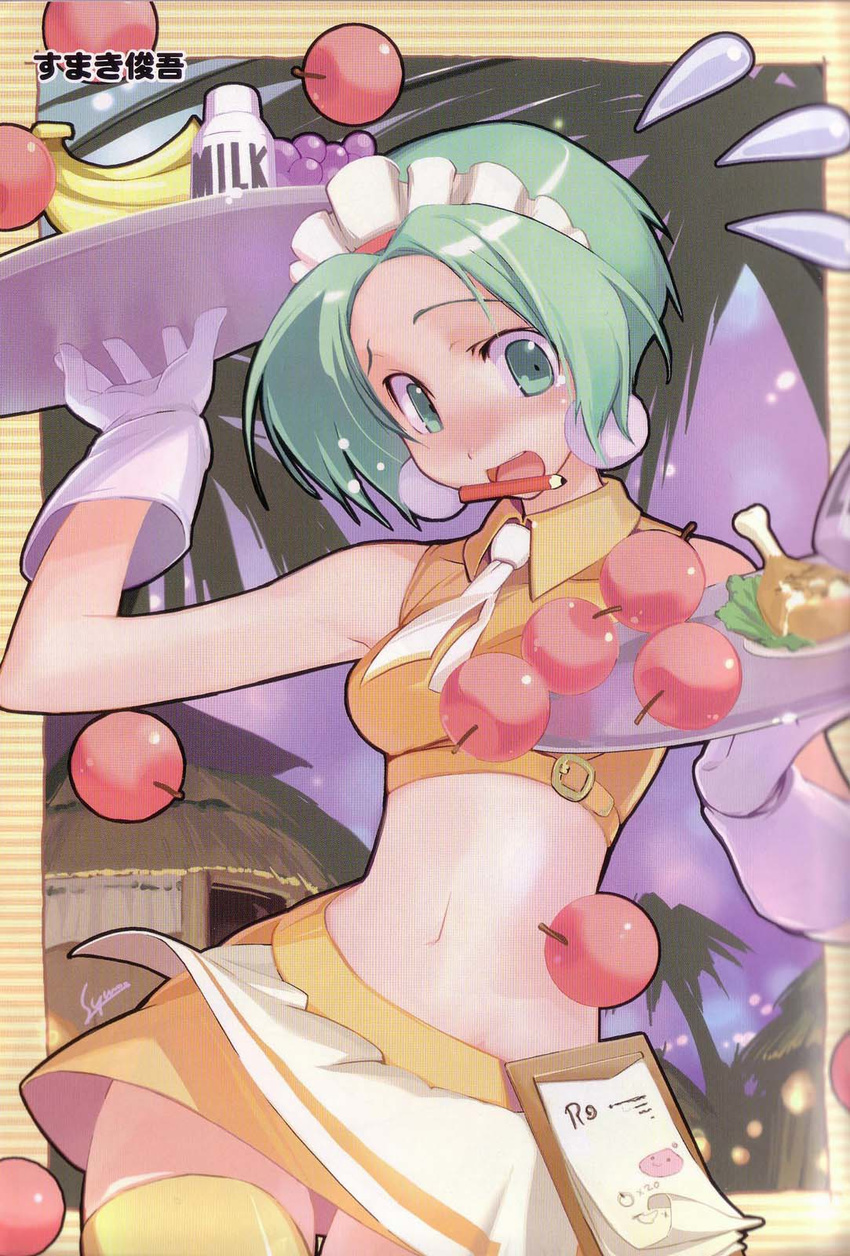 apple artist_name banana buckle crop_top earrings flying_sweatdrops food fruit gloves grapes green_eyes green_hair highres jewelry kafra maid_headdress midriff milk miniskirt necktie palm_tree pencil ragnarok_online skirt sleeveless solo sumaki_shungo thighhighs tray tree tropical waitress white_gloves white_neckwear wooden_pencil