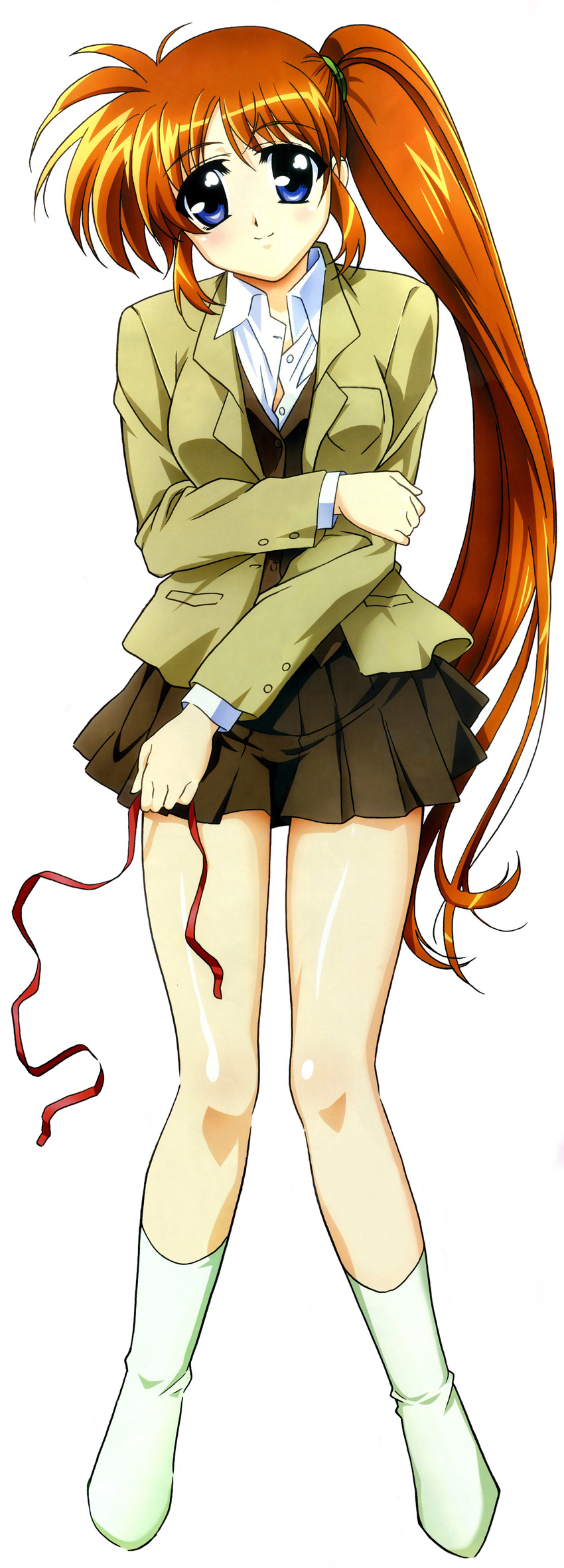 absurdres blazer blue_eyes brown_hair dakimakura full_body green_legwear highres jacket long_sleeves lyrical_nanoha mahou_shoujo_lyrical_nanoha mahou_shoujo_lyrical_nanoha_a's megami okuda_yasuhiro pleated_skirt scan school_uniform seishou_middle_school_uniform side_ponytail skirt smile socks solo takamachi_nanoha