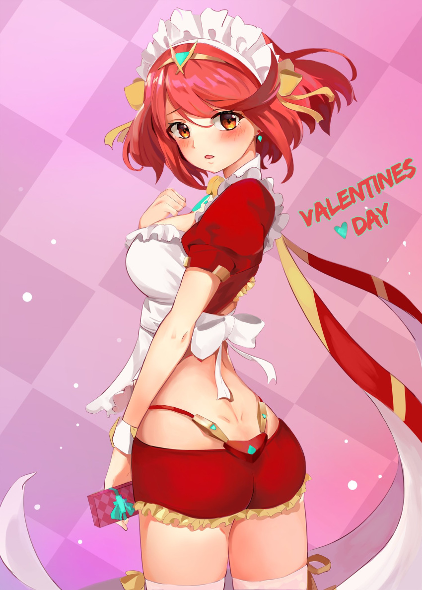 1girl apron armor ass bangs blush breasts cleavage dimples_of_venus gem gift hair_ornament headpiece highres homura_(xenoblade_2) jewelry kiiro_kimi large_breasts looking_at_viewer looking_back nintendo open_mouth pose red_eyes red_hair red_shorts short_hair short_shorts shorts shy solo swept_bangs tiara valentine xenoblade_(series) xenoblade_2 yellowgua