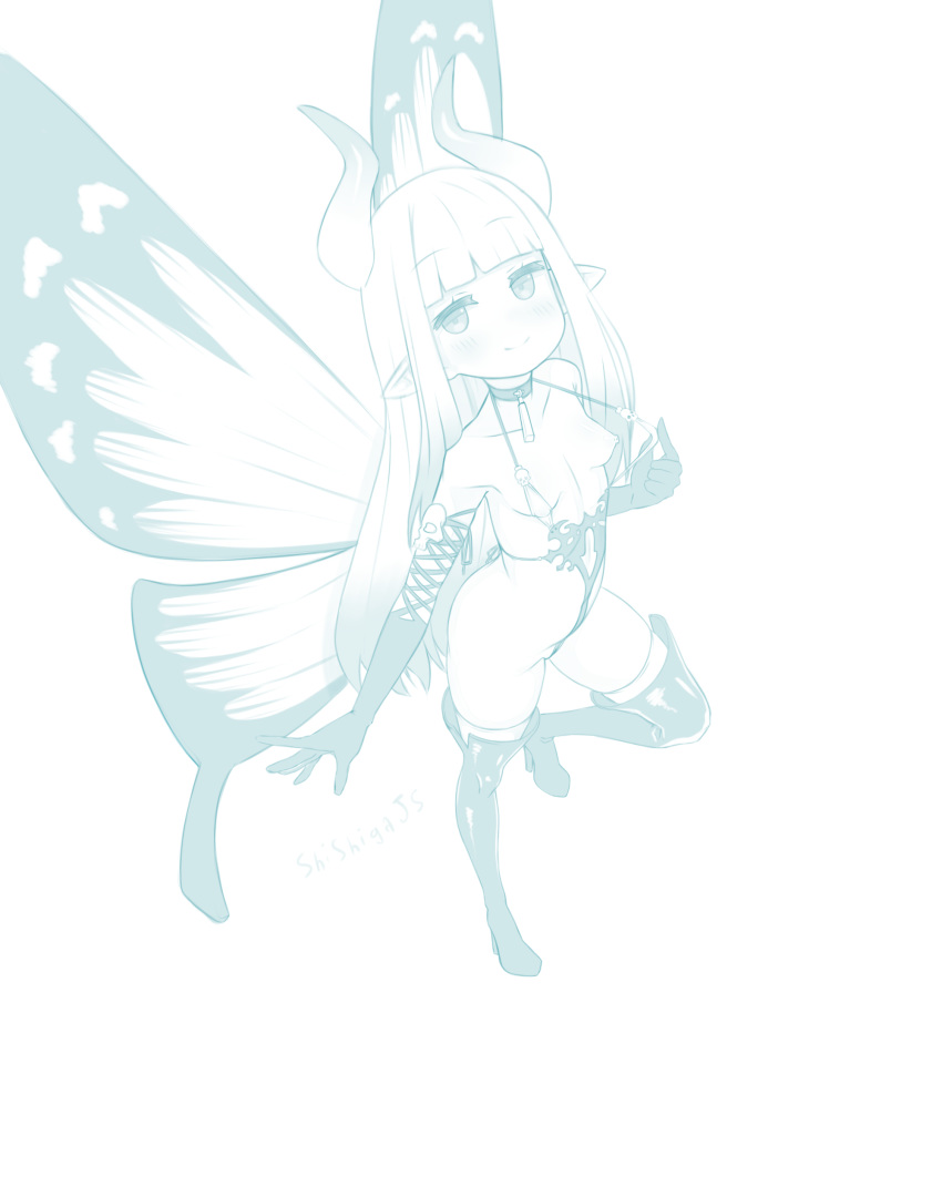 aerie_(bravely_default) artist_name boots bravely_default:_flying_fairy bravely_default_(series) breasts choker drawfag fairy fairy_wings horns long_hair monochrome nipples pointy_ears shishigajs small_breasts smile thigh_boots thighhighs wings