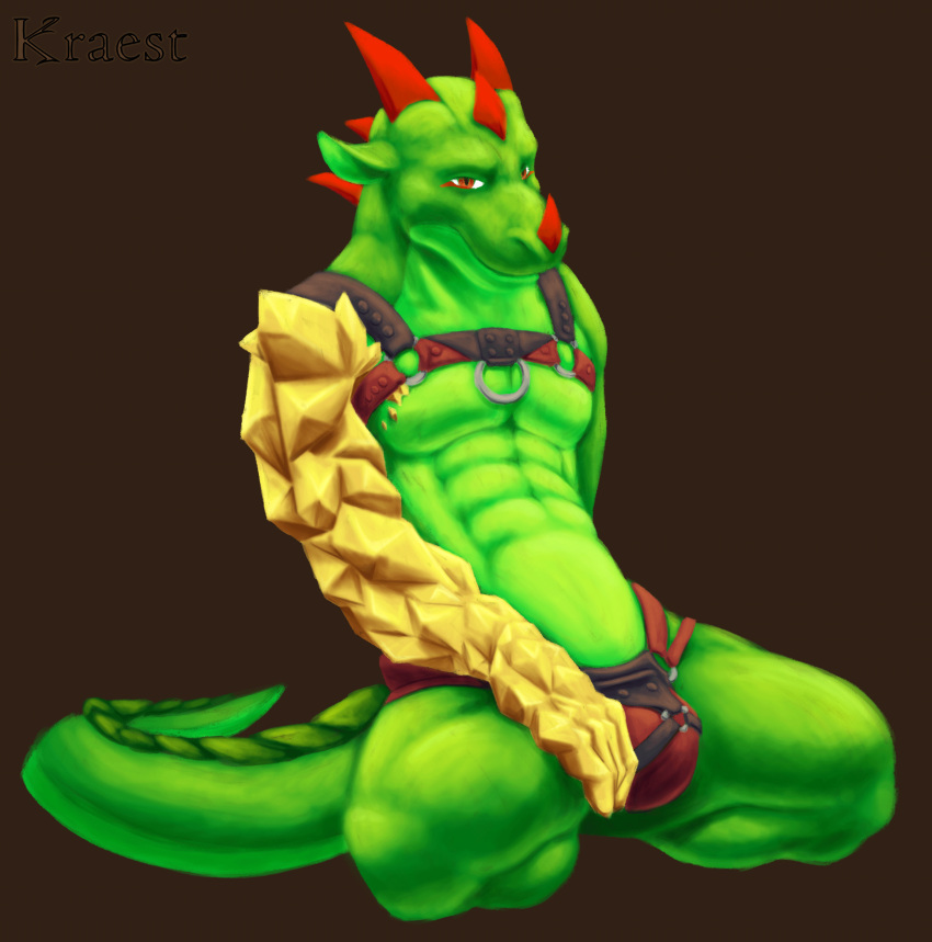 anthro avoid_posting bulge clothing dragon green_scales harness jockstrap kneeling kraest leather lizard male pinup pose reptile scales scalie solo underwear