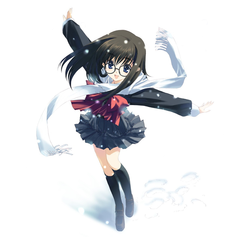 :d bangs black-framed_eyewear black_hair black_legwear blue_eyes blush bow eyebrows eyebrows_visible_through_hair footprints from_above full_body glasses grey_skirt happy highres kneehighs kurihara_touko legs_together loafers long_hair long_sleeves miniskirt nakamura_takeshi open_mouth outstretched_arms pleated_skirt red_bow round_eyewear scarf school_uniform shadow shoes skirt sleeve_cuffs slim_legs smile snow snowing solo spread_arms standing tenshi_no_inai_12-gatsu thighhighs white_scarf