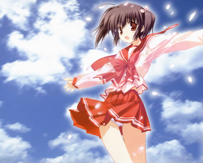 bow brown_eyes brown_hair cloud day long_sleeves miniskirt mitsumi_misato panties pantyshot pantyshot_(standing) pink_bow school_uniform serafuku short_hair short_twintails skirt sky solo standing thigh_gap to_heart_2 twintails underwear white_panties wind wind_lift yuzuhara_konomi