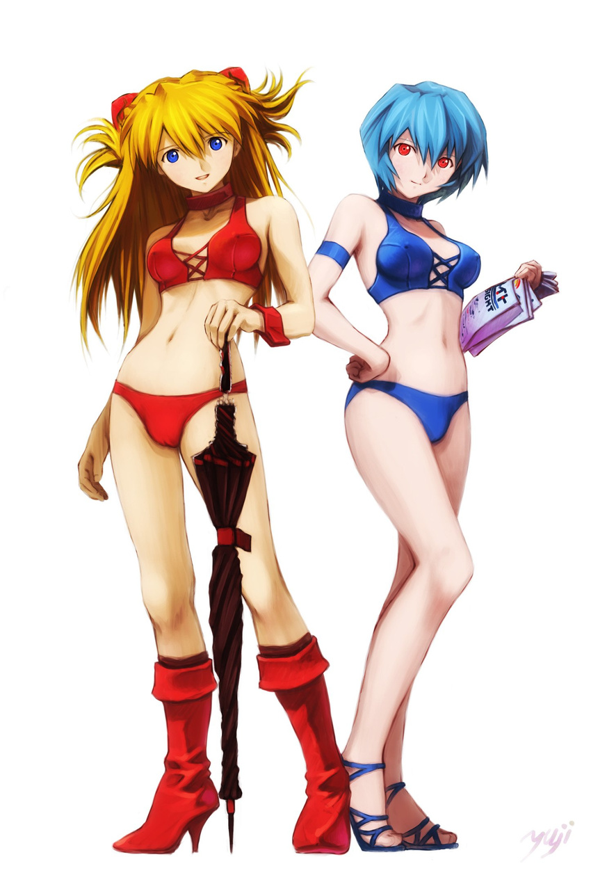 armband ayanami_rei bikini blonde_hair blue_eyes blue_hair boots breasts choker closed_umbrella covered_nipples high_heels highres kobayashi_yuuji long_hair medium_breasts multiple_girls neon_genesis_evangelion planted_umbrella race_queen red_eyes shoes short_hair smile souryuu_asuka_langley standing swimsuit umbrella