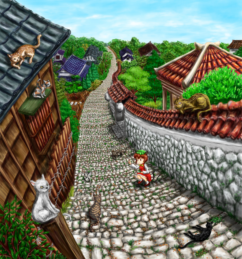 animal_ears bad_id bad_pixiv_id cat cat_ears cat_tail chen highres multiple_tails nom_(shumneko) road scenery short_hair solo squatting tail too_many too_many_cats touhou village