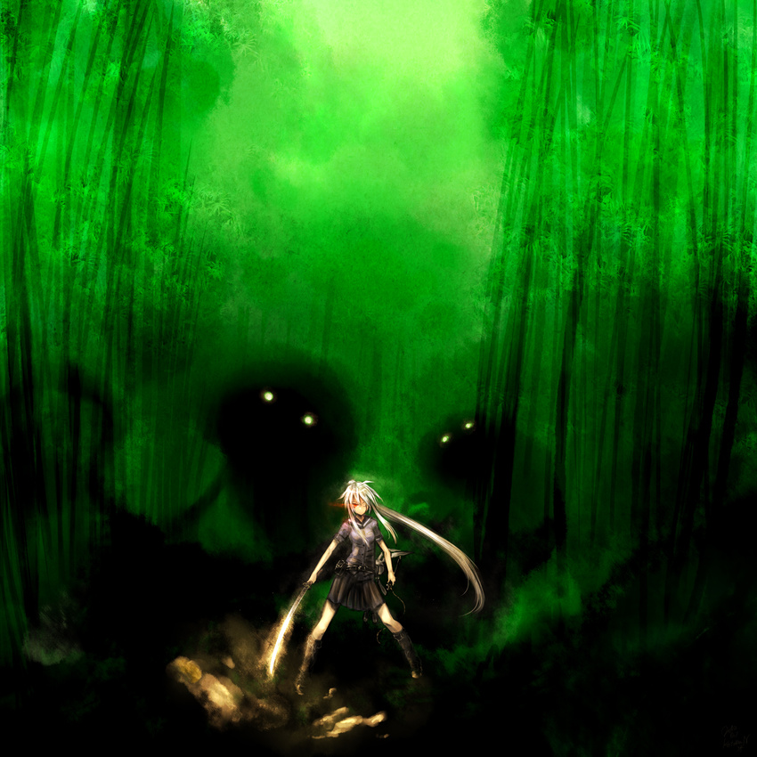 bamboo bamboo_forest blonde_hair boots flaming_sword forest ghost glowing glowing_eyes highres kotoba_noriaki long_hair monster nature original ponytail red_eyes scar skirt solo sword weapon