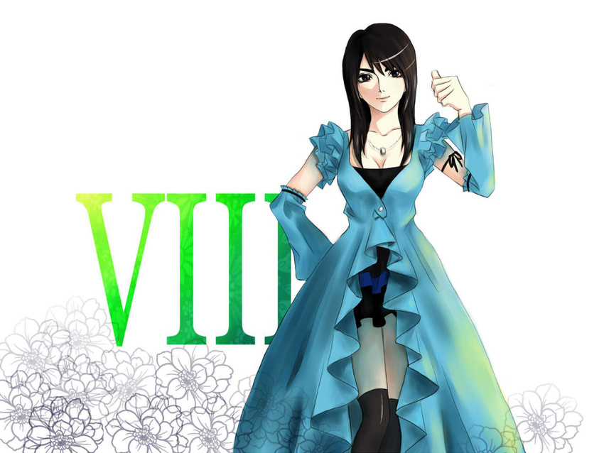 1girl black_eyes black_hair detached_sleeves dress female final_fantasy final_fantasy_viii formal jewelry kneehighs long_hair necklace rinoa_heartilly solo white_background zzwei