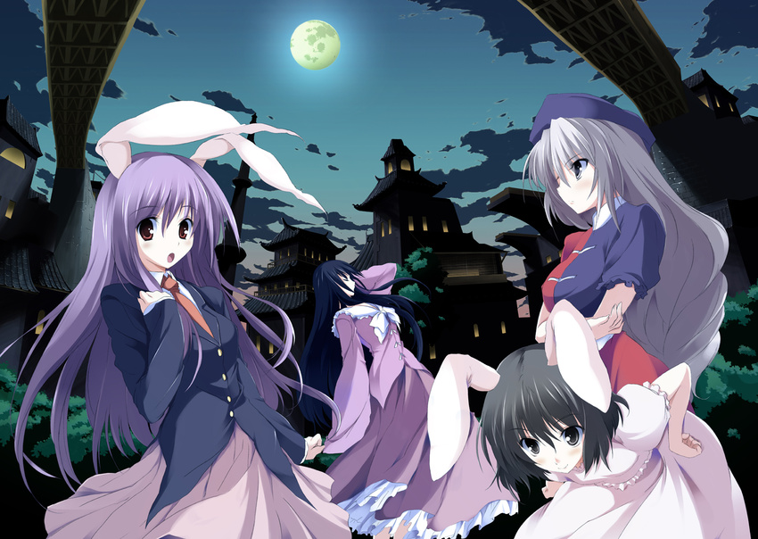 animal_ears black_hair bunny_ears highres houraisan_kaguya inaba_tewi long_hair moon multiple_girls night purple_hair red_eyes reisen_udongein_inaba short_hair silver_hair touhou tsukinon yagokoro_eirin