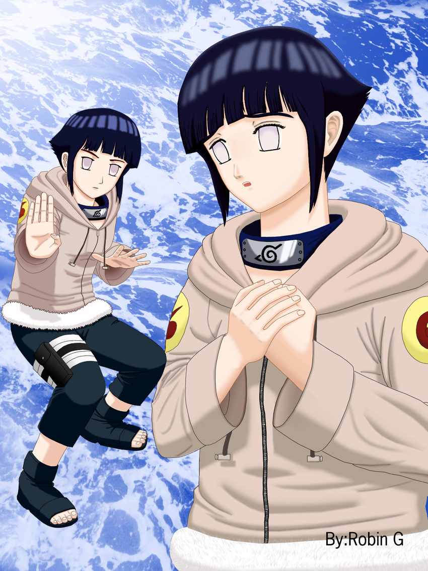 bandaged_leg bandages blue_footwear blue_hair blue_pants boots brown_jacket d: fighting_stance forehead_protector fur-trimmed_jacket fur_trim hands_up highres hood hood_down hooded_jacket hyuuga_hinata jacket konohagakure_symbol long_sleeves looking_away multiple_views naruto naruto_(series) ninja open_mouth open_toe_shoes pants robin_gunawan short_hair shy squatting sweater thigh_pouch toeless_boots white_eyes