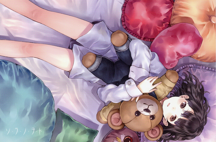 alternate_hairstyle bed_sheet black_eyes black_hair doll doll_hug dress_shirt hair_down highres kishida_mel lying official_art pillow scan scan_artifacts shirt solo sora_no_woto stuffed_animal stuffed_toy suminoya_kureha teddy_bear