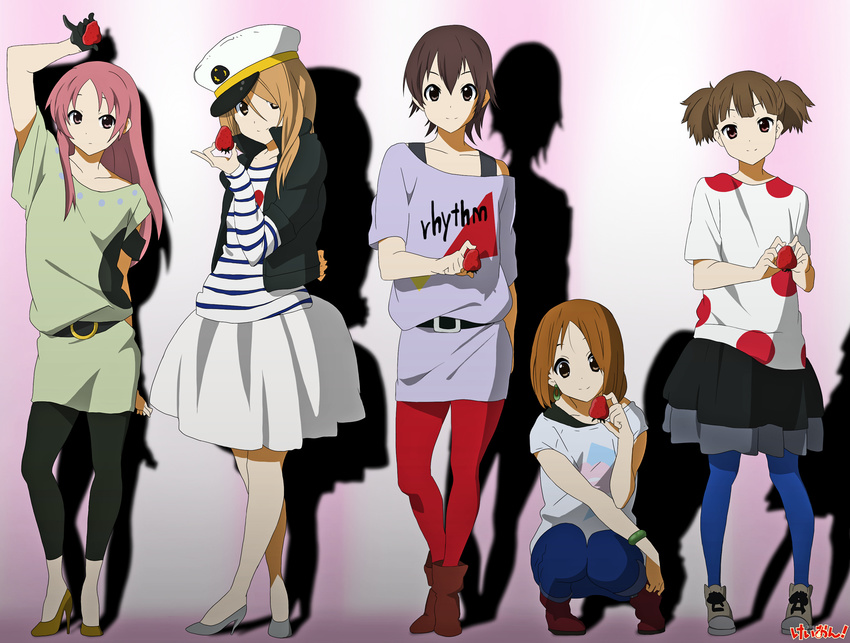 bad_id bad_pixiv_id belt blue_legwear earrings extra food fruit hat highres hirasawa_ui holding holding_food holding_fruit jewelry k-on! listen!! manabe_nodoka miura_akane multiple_girls muumiso_(alacrte) no_eyewear pantyhose red_legwear strawberry suzuki_jun tachibana_himeko