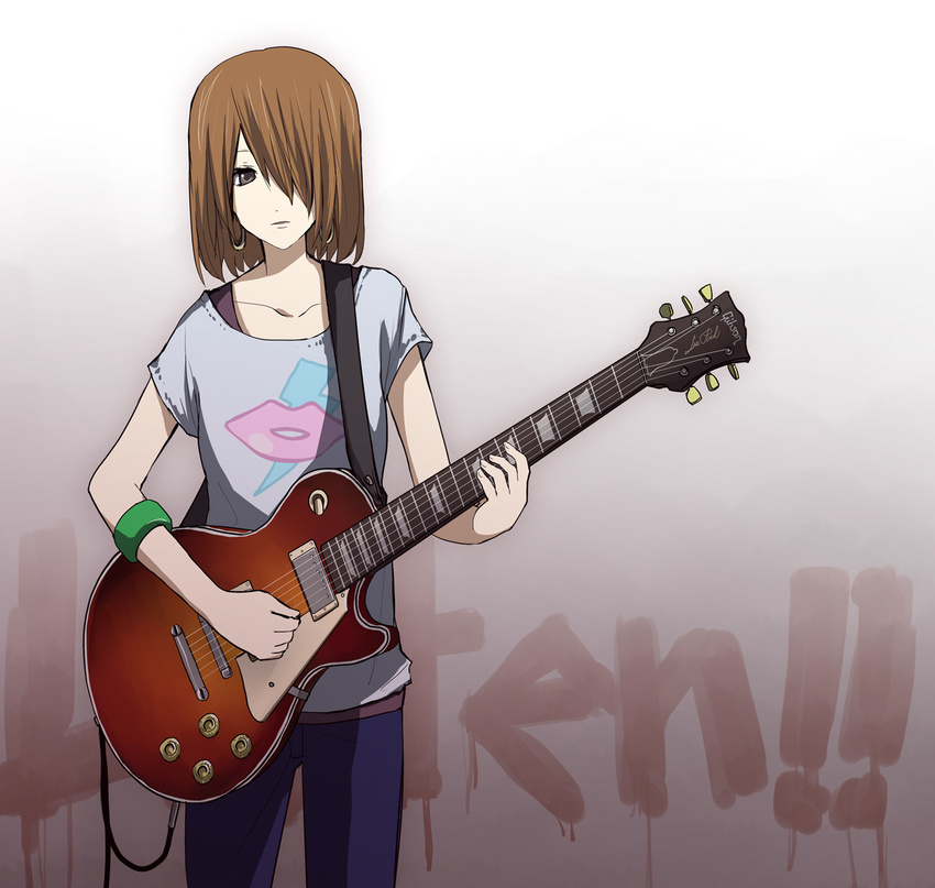 brown_hair denim earrings guitar hair_over_one_eye highres hirasawa_yui instrument jeans jewelry k-on! listen!! pants solo utsui