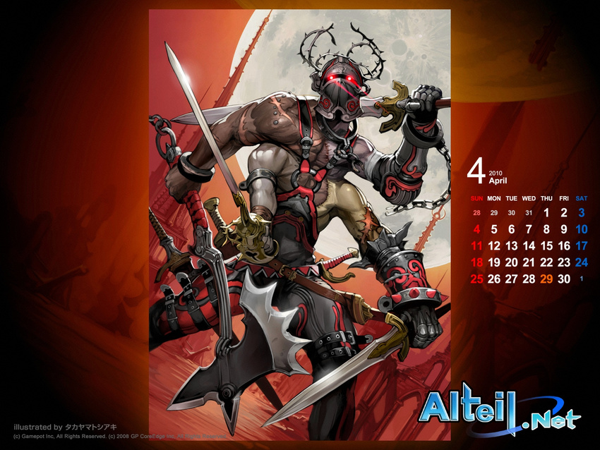 alteil april axe calendar_(medium) chain cutlass_(sword) gauntlets glowing glowing_eyes highres scar solo stitches sword takayama_toshiaki weapon