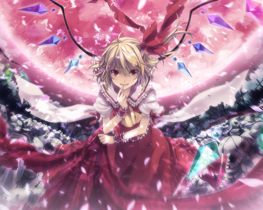 6u_(eternal_land) blonde_hair cross finger_to_mouth flandre_scarlet full_moon md5_mismatch moon no_hat no_headwear ponytail red_eyes red_moon short_hair side_ponytail skeleton smile solo stuffed_animal stuffed_toy teddy_bear touhou toy wind wings