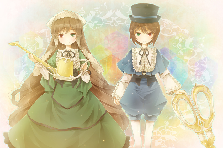 bad_id bad_pixiv_id brown_hair dress frills green_eyes hat heterochromia long_hair michii_yuuki multiple_girls pantyhose red_eyes rozen_maiden siblings sisters souseiseki suiseiseki twins very_long_hair watering_can